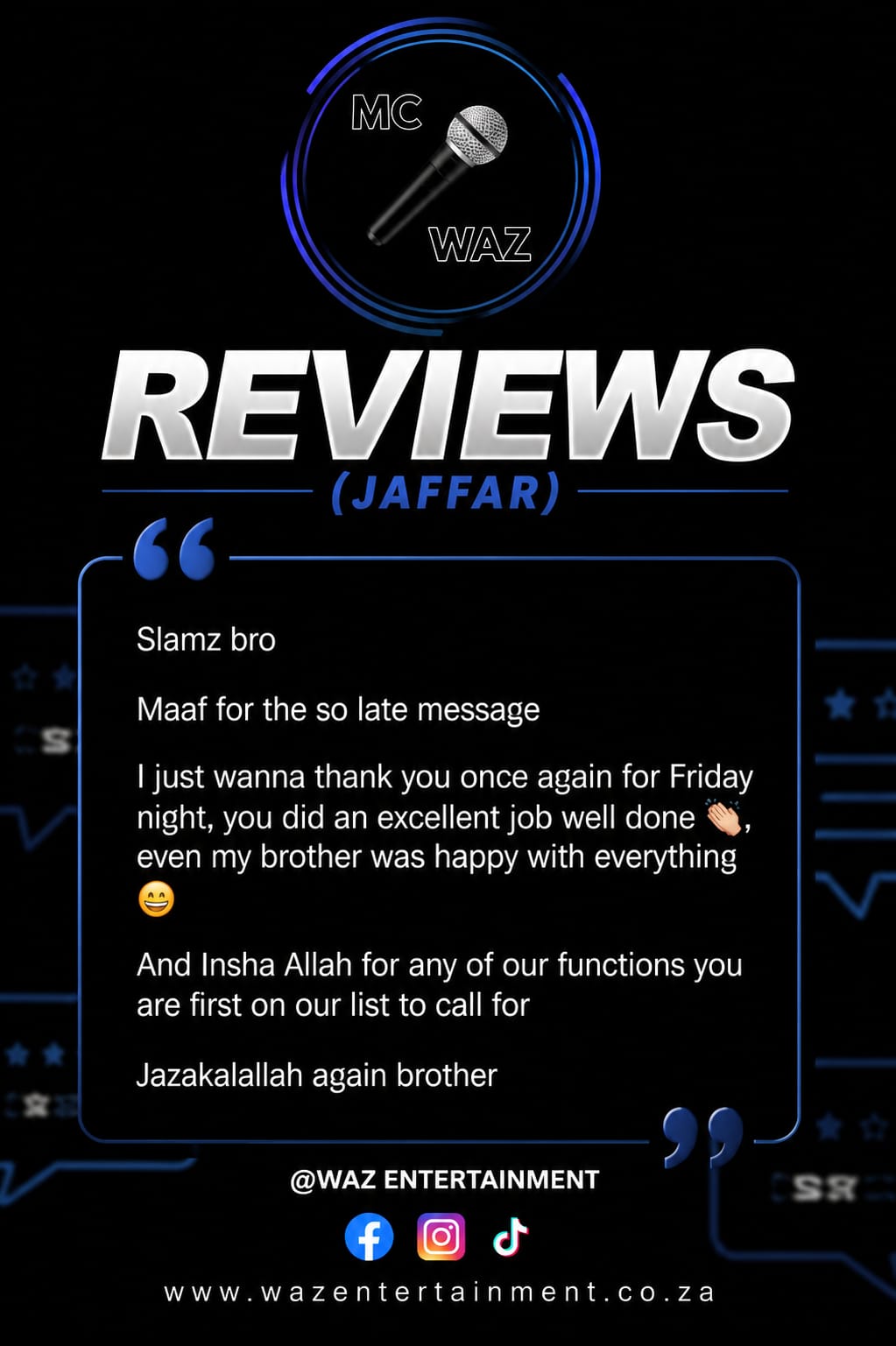 Screenshot of a client review for MC WAZ