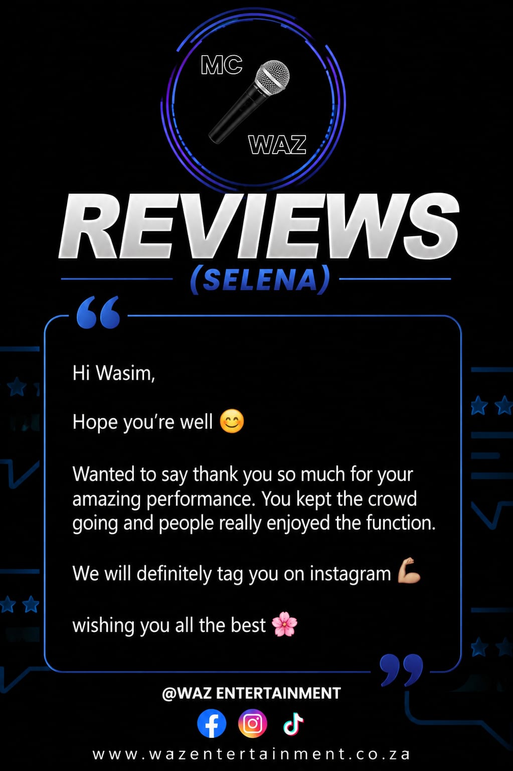 Screenshot of a client review for MC WAZ