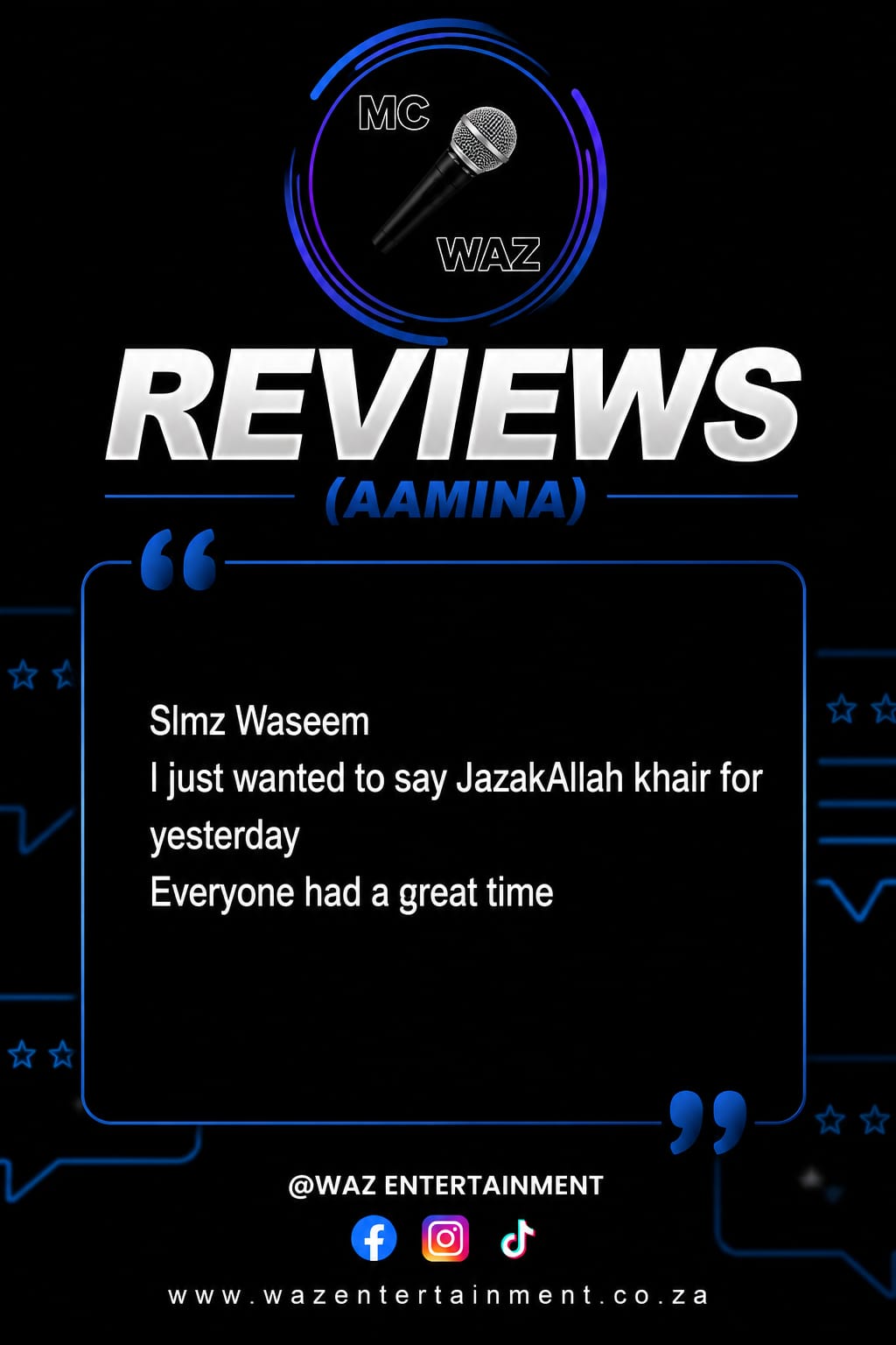 Screenshot of a client review for MC WAZ