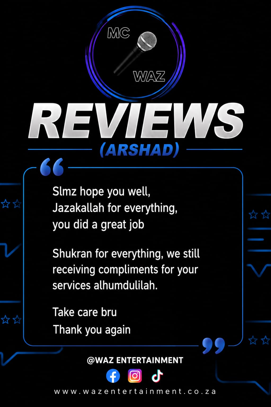 Screenshot of a client review for MC WAZ