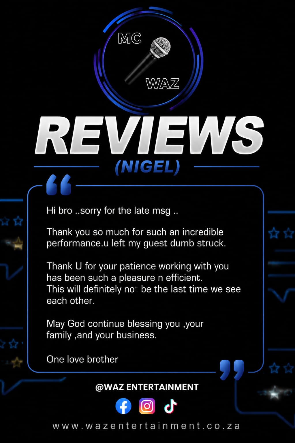 Screenshot of a client review for MC WAZ